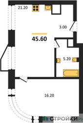 Планировка однокомнатной(квартира) площадью 45.6 квадратных метров в ЖК “ЖК Символ”