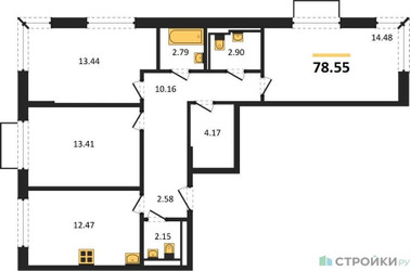 Планировка трехкомнатной(квартира) площадью 78.55 квадратных метров в ЖК “ЖК Новое Внуково”