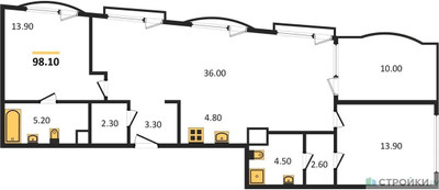 Планировка двухкомнатной(квартира) площадью 98.1 квадратных метров в ЖК “ЖК Logos (Логос)”