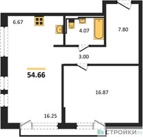Планировка однокомнатной(квартира) площадью 54.66 квадратных метров в “ЖК Квартал Авиаторов”