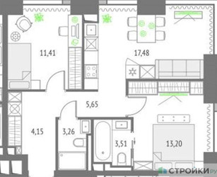 Планировка двухкомнатной(квартира) площадью 58.66 квадратных метров в ЖК “ЖК Upside Towers (Апсайд Тауэрс)”