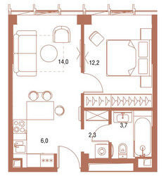 Планировка однокомнатной(квартира) площадью 38.2 квадратных метров в ЖК “ЖК Symphony 34 (Симфония 34)”