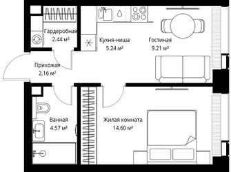 Планировка однокомнатной(квартира) площадью 38.22 квадратных метров в ЖК “ЖК Веер”