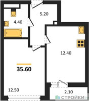 Планировка однокомнатной(квартира) площадью 35.6 квадратных метров в “ЖК Родные кварталы”