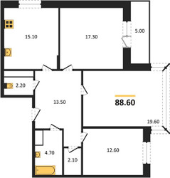 Планировка трехкомнатной(квартира) площадью 88.6 квадратных метров в ЖК “ЖК Эдельвейс (Первомайское)”