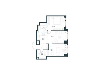 Планировка трехкомнатной(квартира) площадью 60.8 квадратных метров в ЖК “ЖК Level Мичуринский”