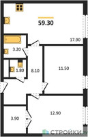 Планировка двухкомнатной(квартира) площадью 59.3 квадратных метров в “ЖК Сиреневый парк”