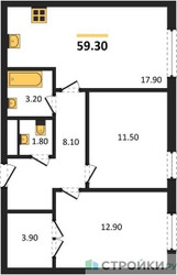 Планировка двухкомнатной(квартира) площадью 59.3 квадратных метров в ЖК “ЖК Сиреневый парк”