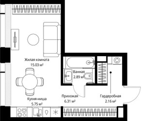 Планировка студии(квартира) площадью 32.14 квадратных метров в ЖК “ЖК Веер”