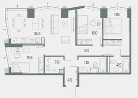 Планировка трехкомнатной(квартира) площадью 88.2 квадратных метров в “ЖК Северный порт. Береговые кварталы”