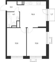 Планировка двухкомнатной(квартира) площадью 51.4 квадратных метров в “ЖК Форевиль”