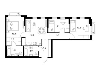 Планировка трехкомнатной(квартира) площадью 66.2 квадратных метров в ЖК “ЖК Зеленый парк”