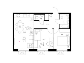 Планировка двухкомнатной(квартира) площадью 56.3 квадратных метров в ЖК “ЖК Люблинский парк”