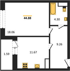 Планировка однокомнатной(квартира) площадью 44.88 квадратных метров в ЖК “ЖК Эдельвейс (Первомайское)”