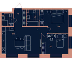 Планировка трехкомнатной(квартира) площадью 63.4 квадратных метров в “Квартал Эра”