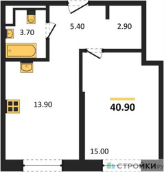 Планировка однокомнатной(квартира) площадью 40.9 квадратных метров в ЖК “ЖК STONE Sokolniki (Сокольники)”