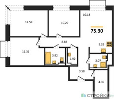 Планировка трехкомнатной(квартира) площадью 75.3 квадратных метров в “ЖК Квартал Герцена”