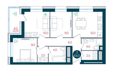 Планировка трехкомнатной(квартира) площадью 64 квадратных метров в ЖК “ЖК РУСИЧ-Кантемировский”