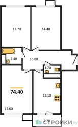 Планировка трехкомнатной(квартира) площадью 74.4 квадратных метров в “ЖК Датский Квартал”