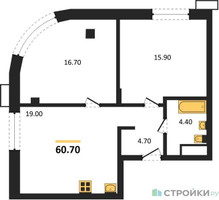 Планировка двухкомнатной(квартира) площадью 60.7 квадратных метров в “ЖК Резиденции Сколково”