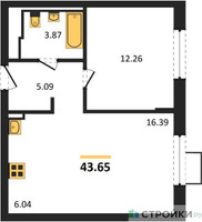 Планировка однокомнатной(квартира) площадью 43.65 квадратных метров в “ЖК Пригород Лесное”