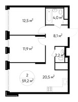 Планировка двухкомнатной(квартира) площадью 59.2 квадратных метров в “ЖК Переделкино Ближнее”