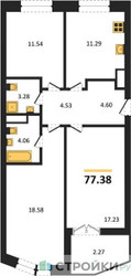 Планировка трехкомнатной(квартира) площадью 77.38 квадратных метров в ЖК “ЖК Sezar City (Сезар Сити)”