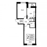 Планировка двухкомнатной(квартира) площадью 61.3 квадратных метров в “ЖК Космос”