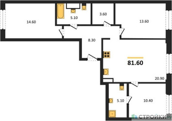Планировка трехкомнатной(квартира) площадью 81.6 квадратных метров в ЖК “ЖК Детали”
