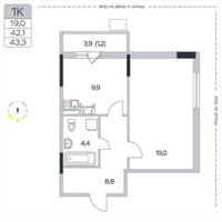 Планировка однокомнатной(квартира) площадью 43.3 квадратных метров в “ЖК Пироговская Ривьера”