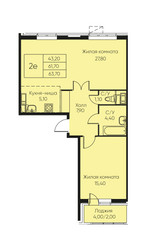 Планировка двухкомнатной(апартаменты) площадью 63.7 квадратных метров в ЖК “ЖК Кашинцево”