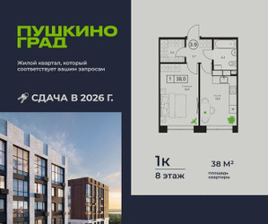 Планировка однокомнатной(квартира) площадью 38 квадратных метров в ЖК “ЖК Пушкино Град”