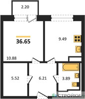 Планировка однокомнатной(квартира) площадью 36.65 квадратных метров в “ЖК Новое Внуково”