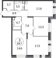 Планировка трехкомнатной(квартира) площадью 88.7 квадратных метров в “ЖК Первый Московский”
