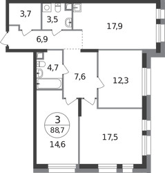 Планировка трехкомнатной(квартира) площадью 88.7 квадратных метров в ЖК “ЖК Первый Московский”