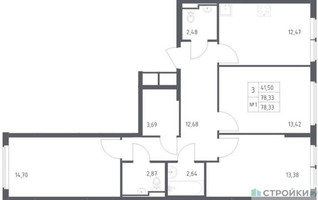 Планировка трехкомнатной(квартира) площадью 78.33 квадратных метров в “ЖК Остафьево”