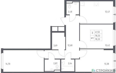 Планировка трехкомнатной(квартира) площадью 78.33 квадратных метров в ЖК “ЖК Остафьево”