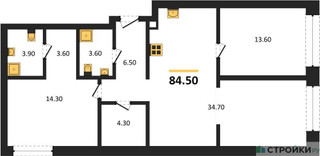 Планировка двухкомнатной(квартира) площадью 84.5 квадратных метров в “ЖК Дом А”