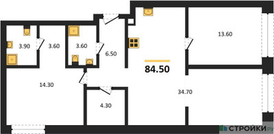 Планировка двухкомнатной(квартира) площадью 84.5 квадратных метров в ЖК “ЖК Дом А”