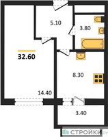 Планировка однокомнатной(квартира) площадью 32.6 квадратных метров в “ЖК Римский”
