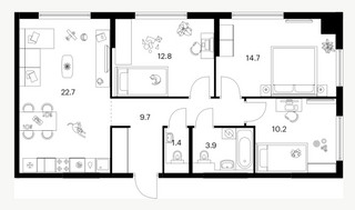 Планировка трехкомнатной(квартира) площадью 75.4 квадратных метров в “ЖК Зеленый парк”