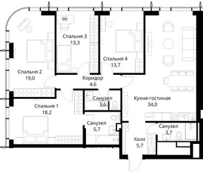 Планировка 4+ комнатной(квартира) площадью 121.5 квадратных метров в ЖК “ЖК Сити Бэй”