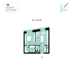 Планировка однокомнатной(квартира) площадью 56.89 квадратных метров в ЖК “СберСити в Рублево-Архангельском”