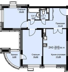 Планировка двухкомнатной(квартира) площадью 58.5 квадратных метров в ЖК “ЖК Соболевка”