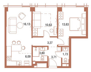 Планировка двухкомнатной(квартира) площадью 59.3 квадратных метров в ЖК “ЖК Симфония 34”