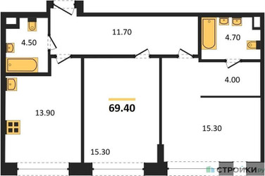Планировка двухкомнатной(квартира) площадью 69.4 квадратных метров в ЖК “ЖК Shagal (Шагал)”
