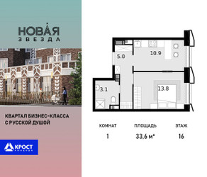 Планировка однокомнатной(квартира) площадью 33.6 квадратных метров в ЖК “ЖК Новая Звезда (Газопровод)”