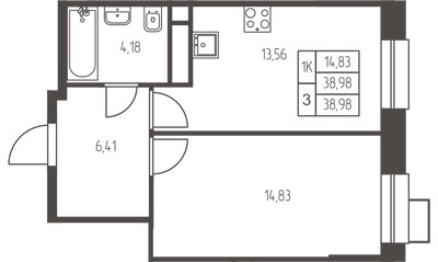 Планировка однокомнатной(квартира) площадью 39 квадратных метров в ЖК “ЖК Новая Ивантеевка”