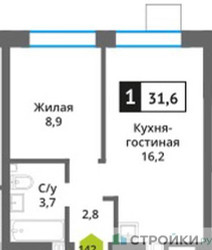 Планировка однокомнатной(квартира) площадью 31.6 квадратных метров в ЖК “ЖК Никольский квартал Отрада”