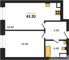 Планировка однокомнатной(квартира) площадью 43.2 квадратных метров в ЖК “ЖК Voxhall (Воксхолл)”